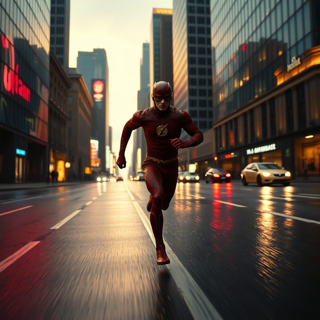 The Flash, Dynamic Red and Gold Superhero in Neon Cityscape....