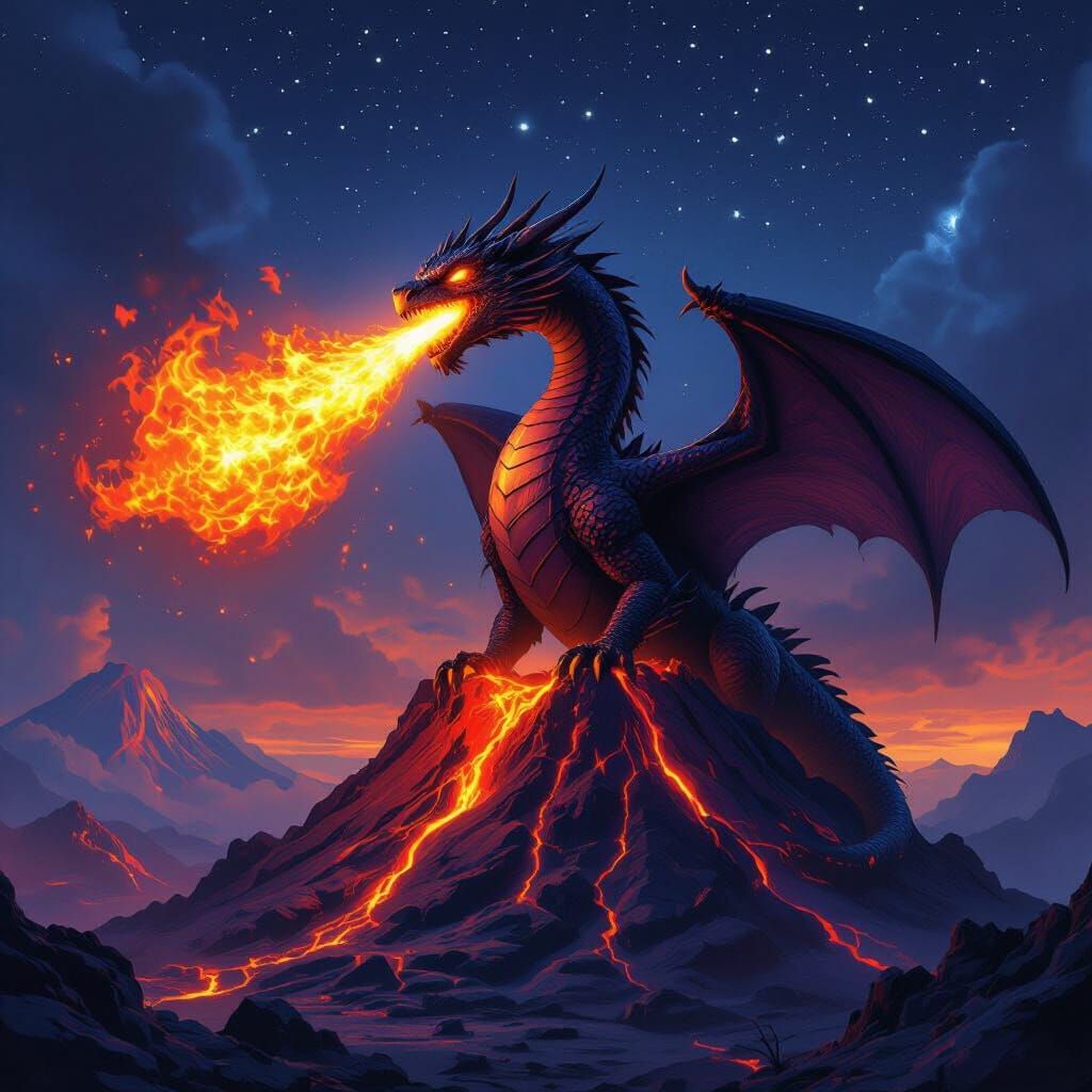 Dragon Breathes Fire Atop Volcano Under Starry Night