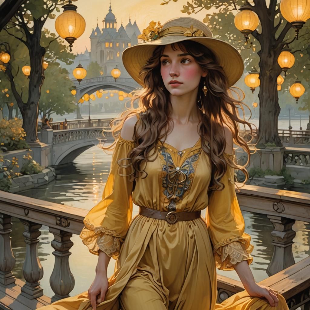 Baroque Portrait: Woman on Bridge at Sunset