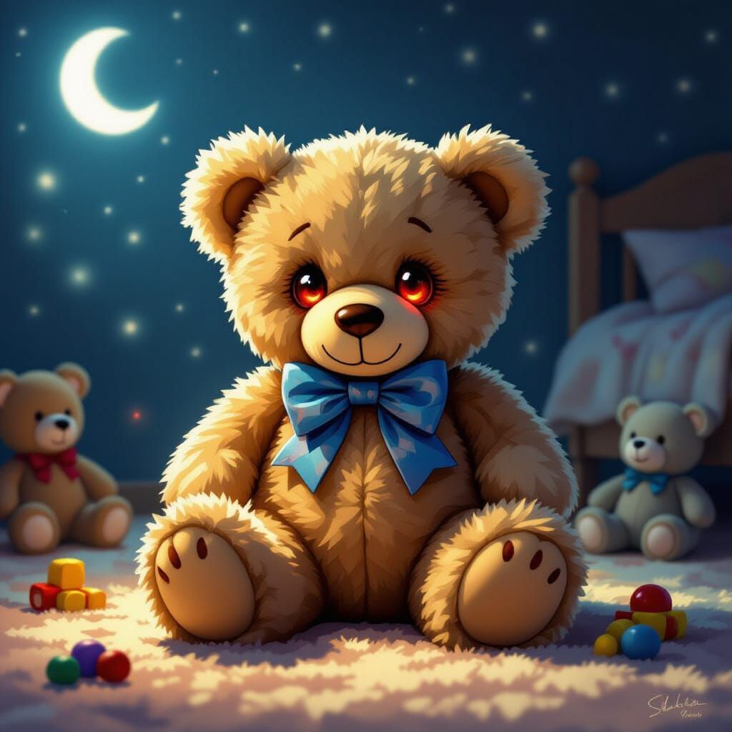Teddy Bear with Glowing Red Eyes in Moonlit Bedroom