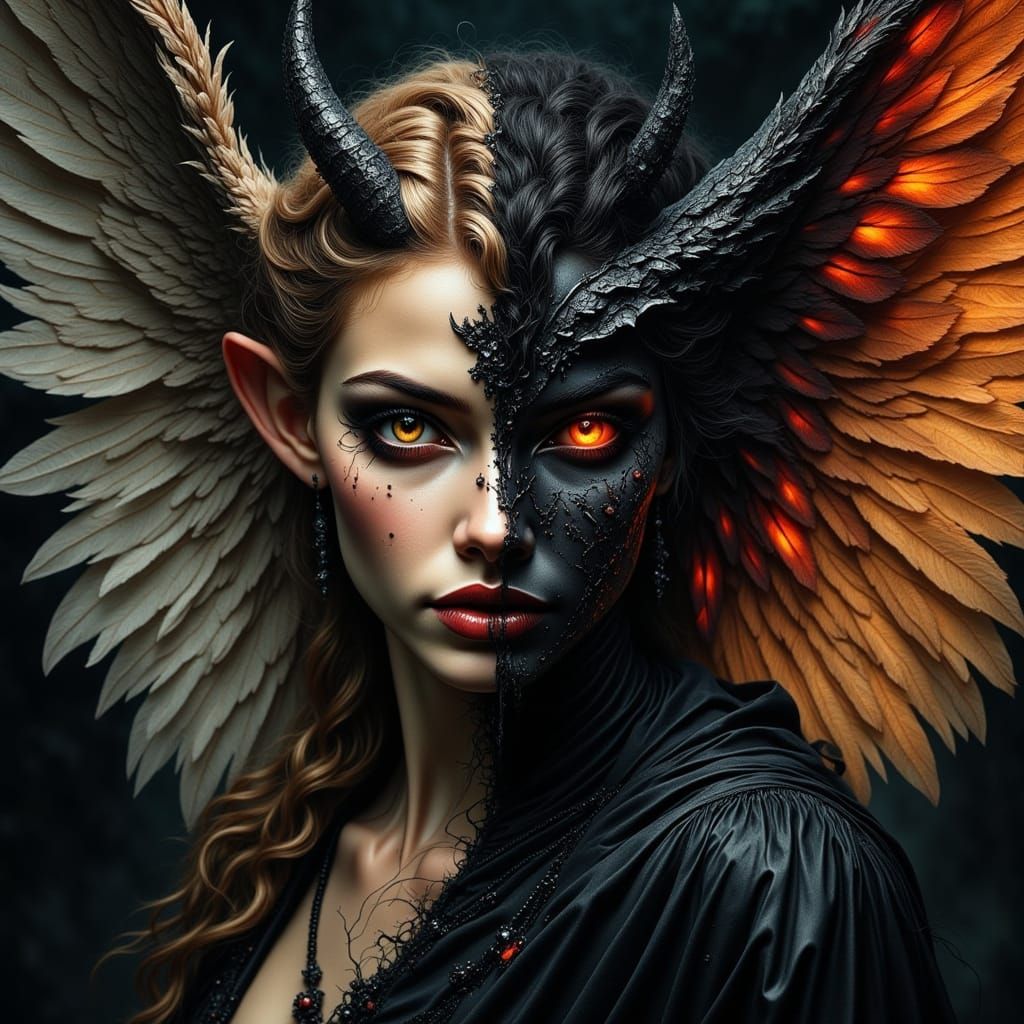 Half Angel Half Demon Woman in Chiaroscuro