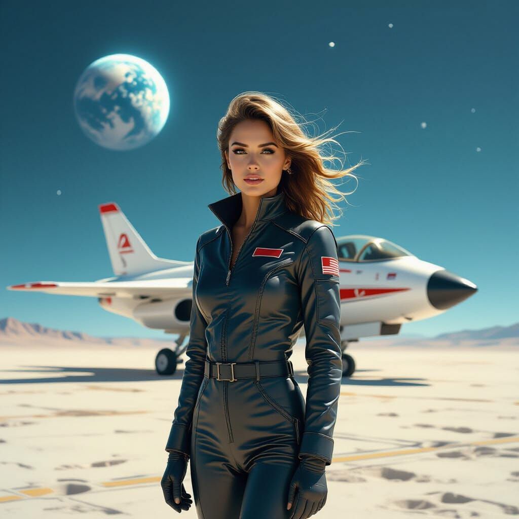A young woman with windswept hair and a determined expression, standing on a desolate lunar airfield beside a futuristic...