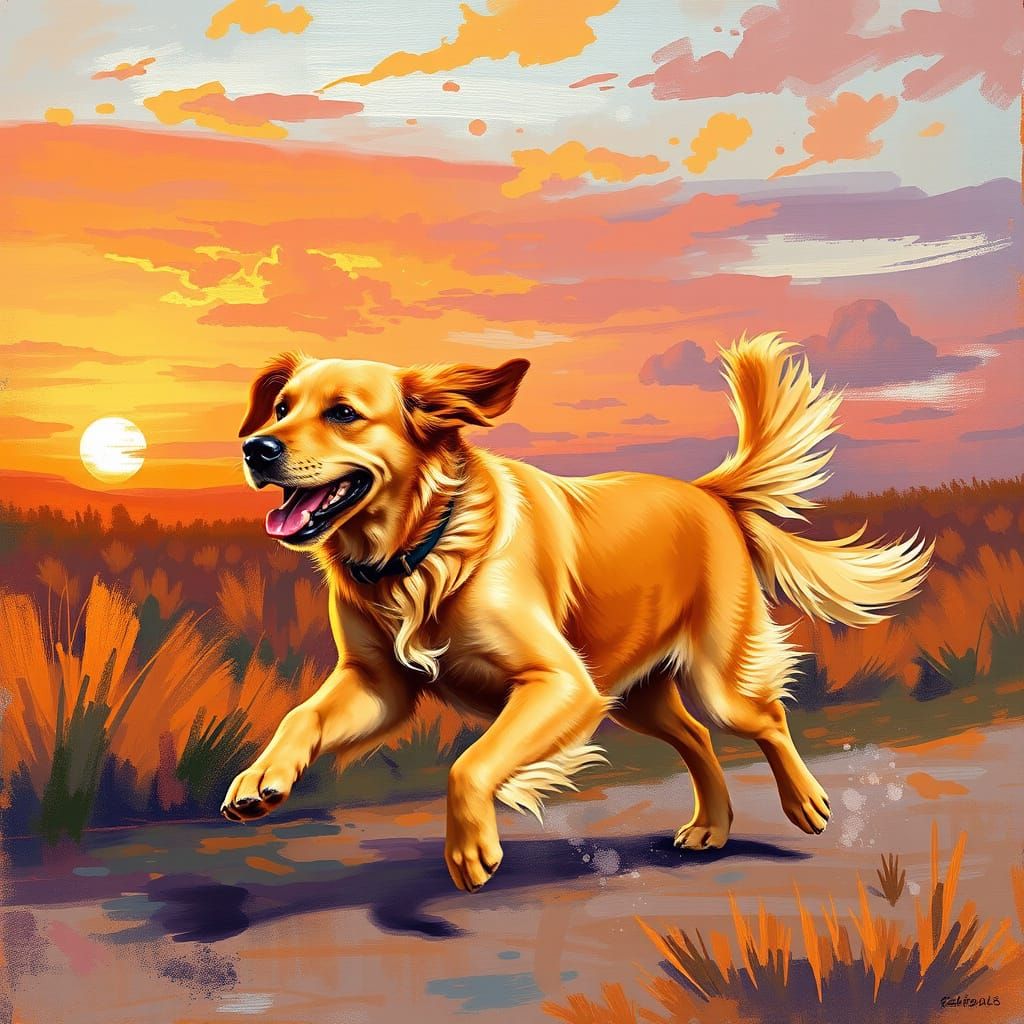 Golden Retriever in Joyful Motion at Sunset
