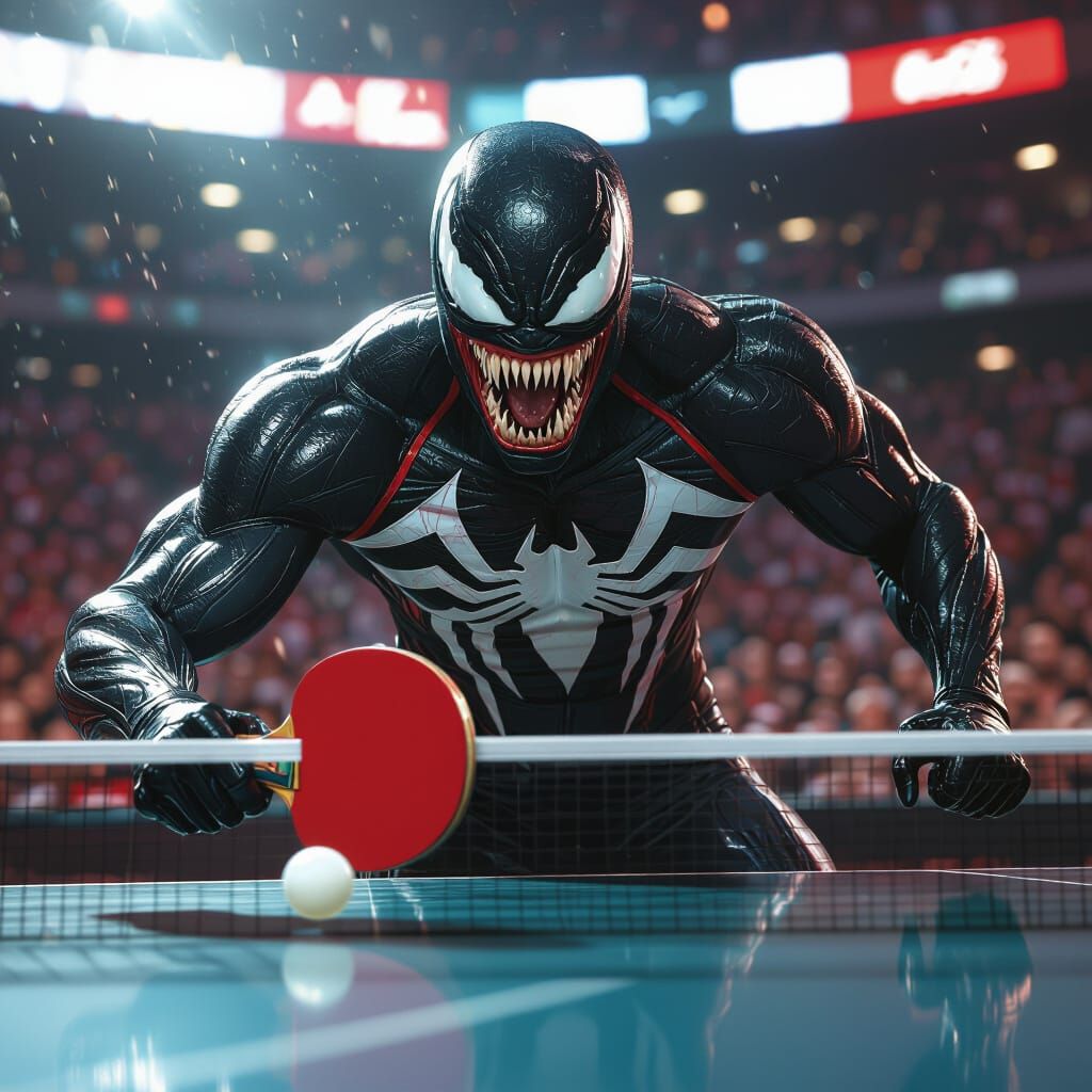 Venom's Intense Ping Pong Match in Hyperrealistic Style