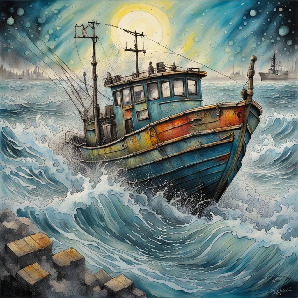 Fishing Boat in Roaring Sea, Graffiti Art Style