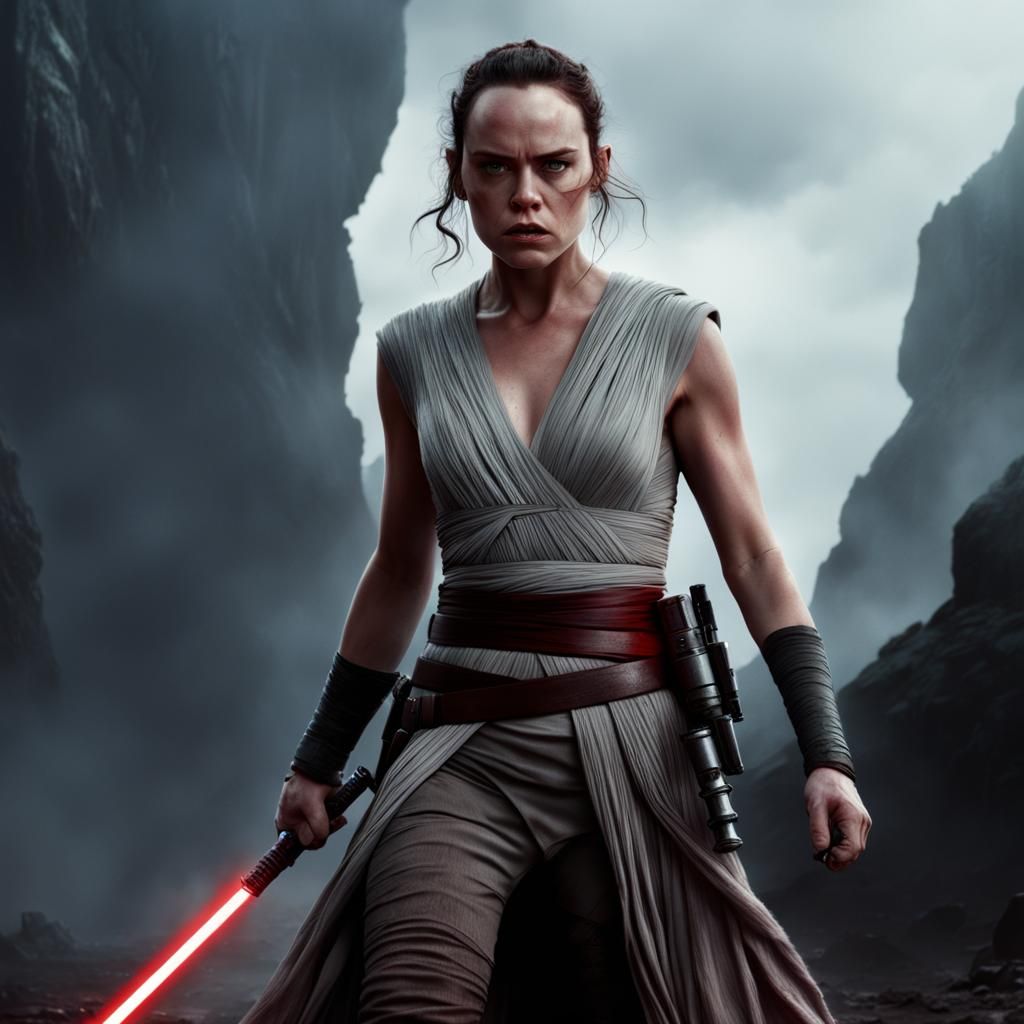 Angry Rey Skywalker with Red Lightsaber: Digital Matte Paint...