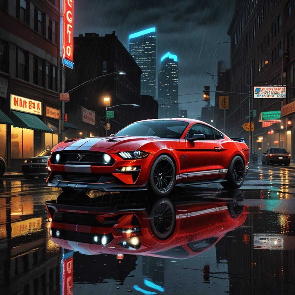 Black Mustang GT500 Speeding on Rainy Detroit Street