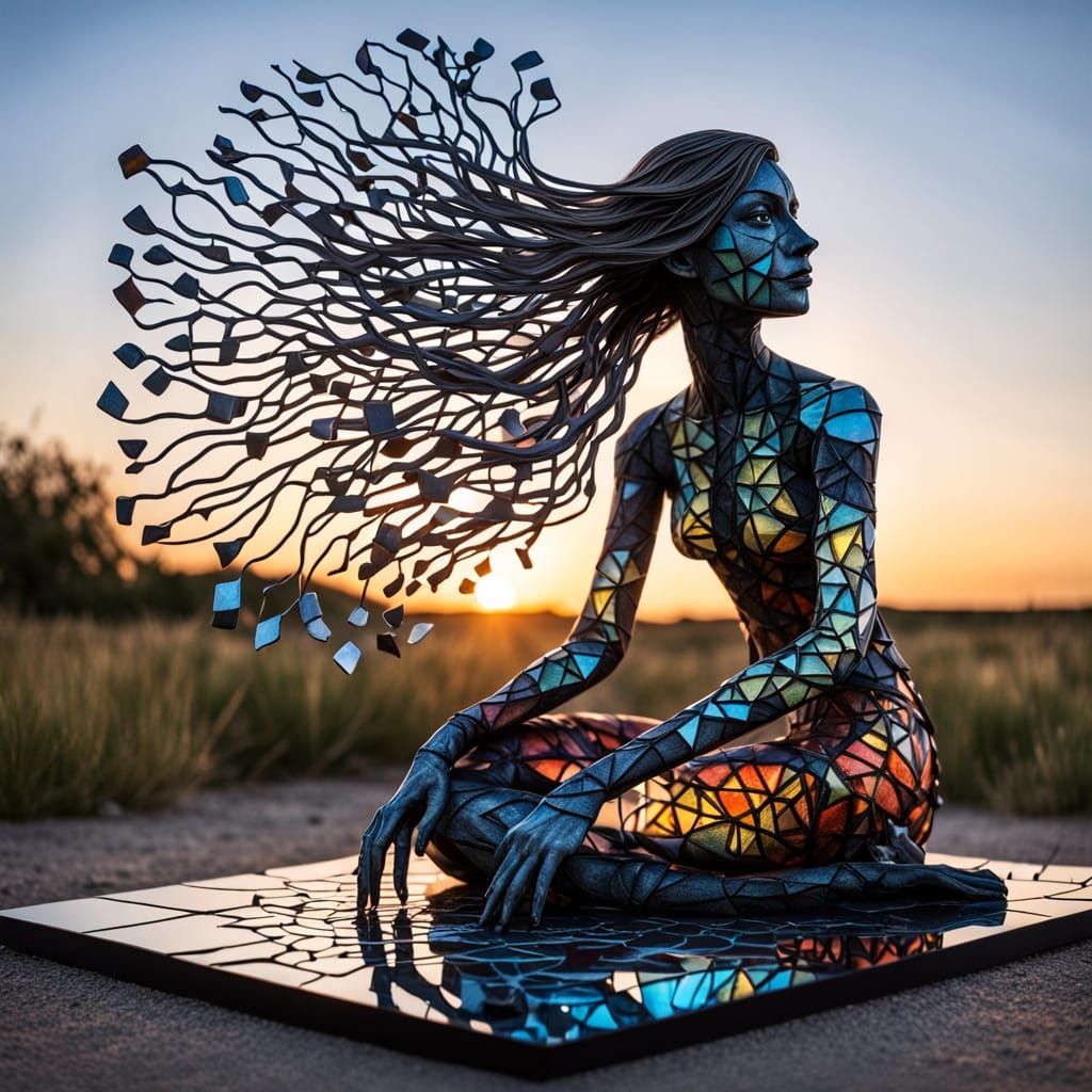 Surreal Fragmented Sculpture of Woman at Sunset