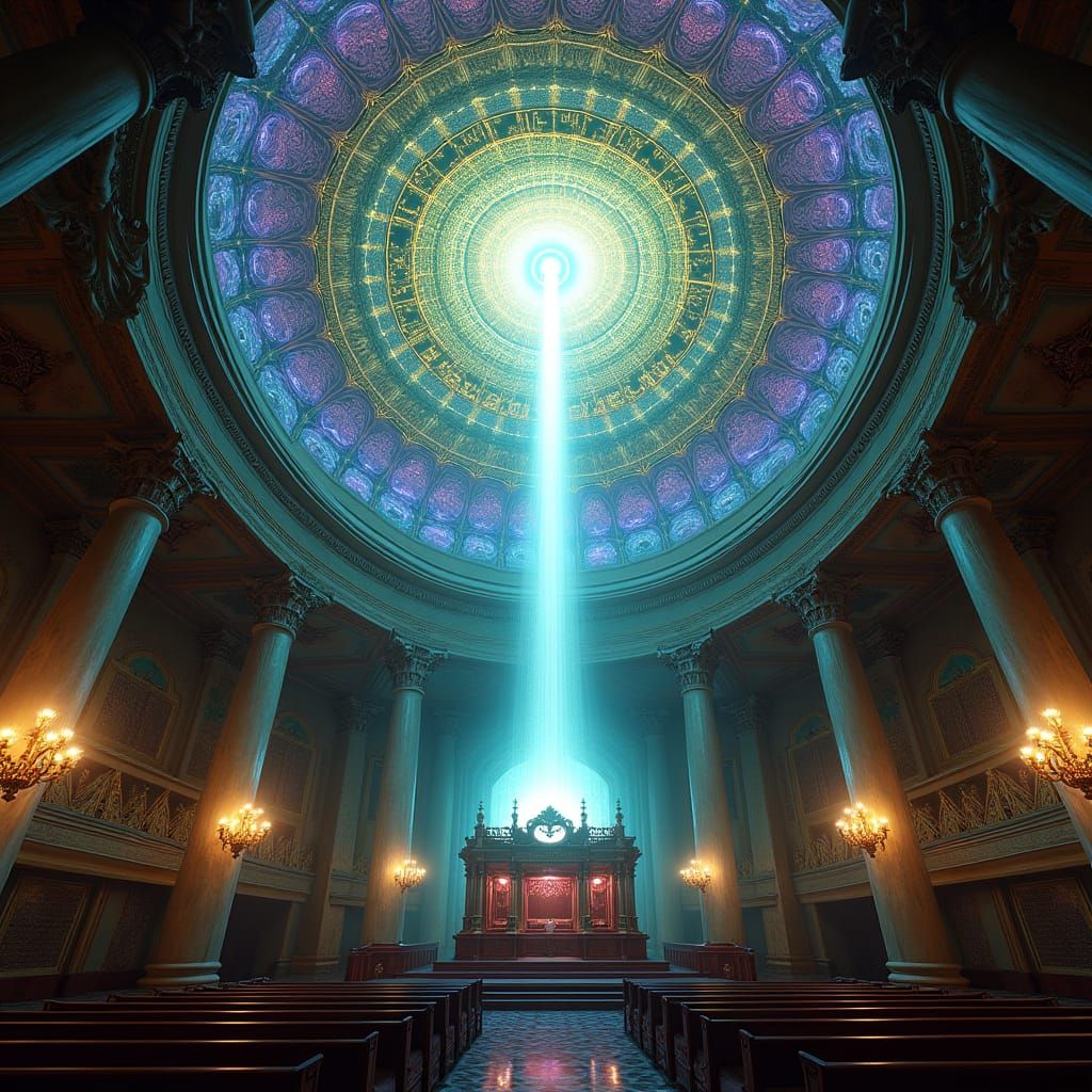 Synagogue Interior Transforms into Geometric Neon Vortex