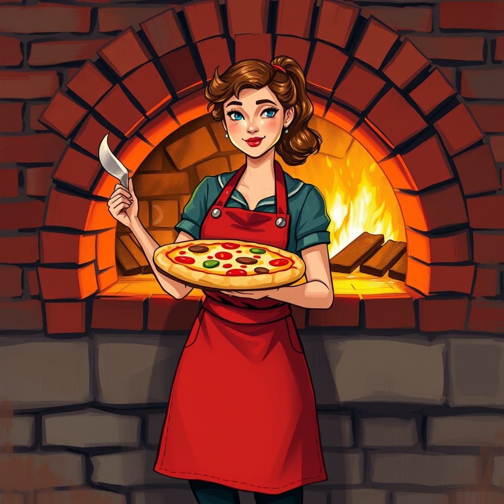 Woman with Pizza: Vibrant Digital Painting