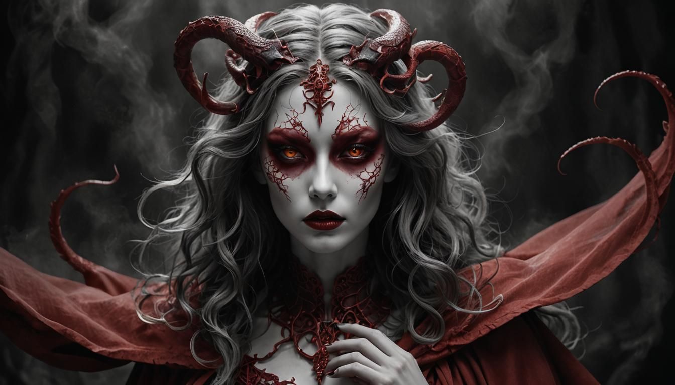 Ethereal Devil Babe with Orb in Biomorphic Dreamscape