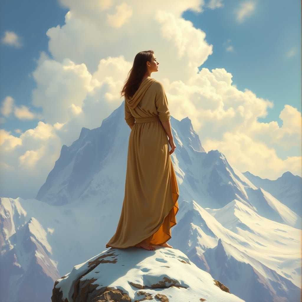 Classical Realism Woman on Snowy Mountain