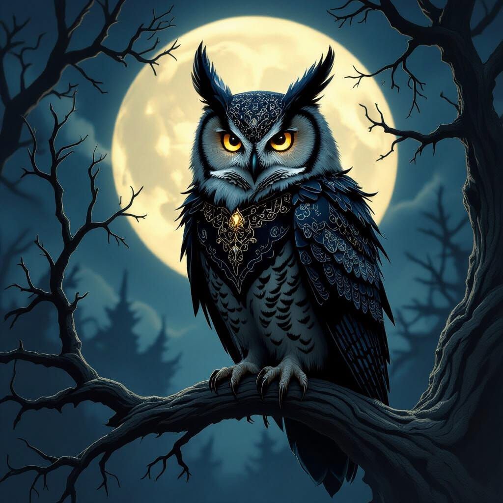 Majestic Owl in Dark Fairytale Costume Under Moonlight