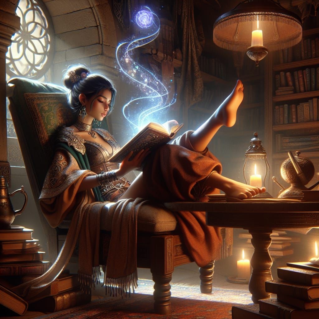 Cozy South Asian Mage Reading Spellbook