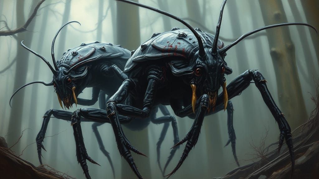 Dark Abyssal Scavengers Amidst a Haunted Forest in Oil Paint...