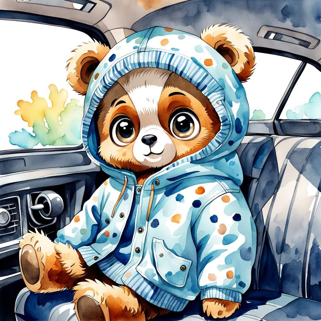 Cute Cartoon Bear in Car Watercolor Illustration