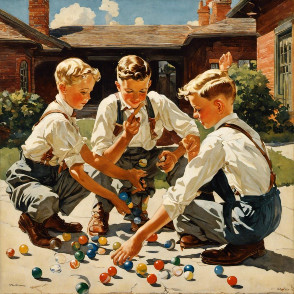 Children Playing Marbles in Courtyard, Rockwell Style