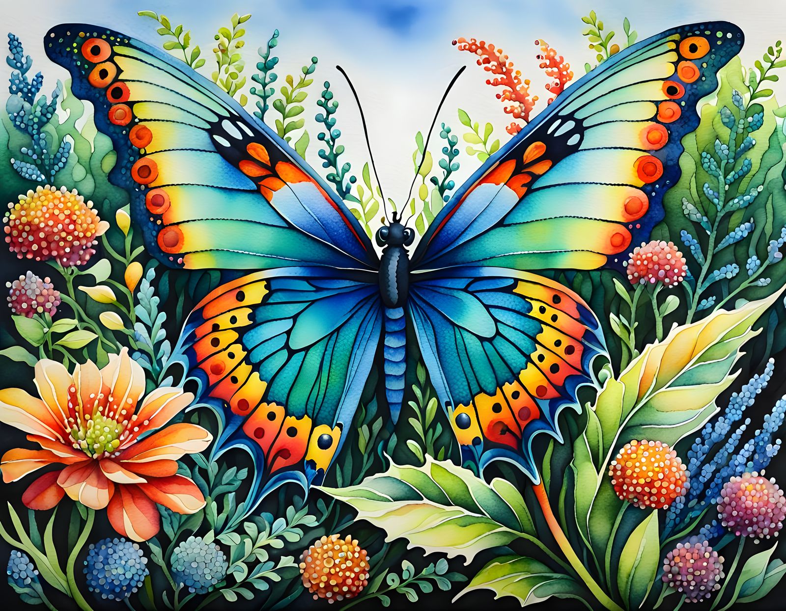 Dragon with Butterfly Wings in Pointillist Garden