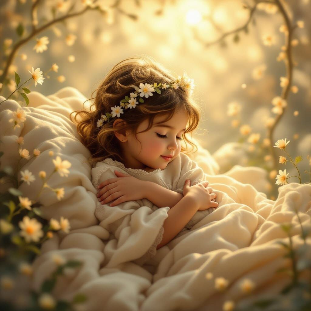 Child in Golden Light, Cozy and Idyllic Landscape