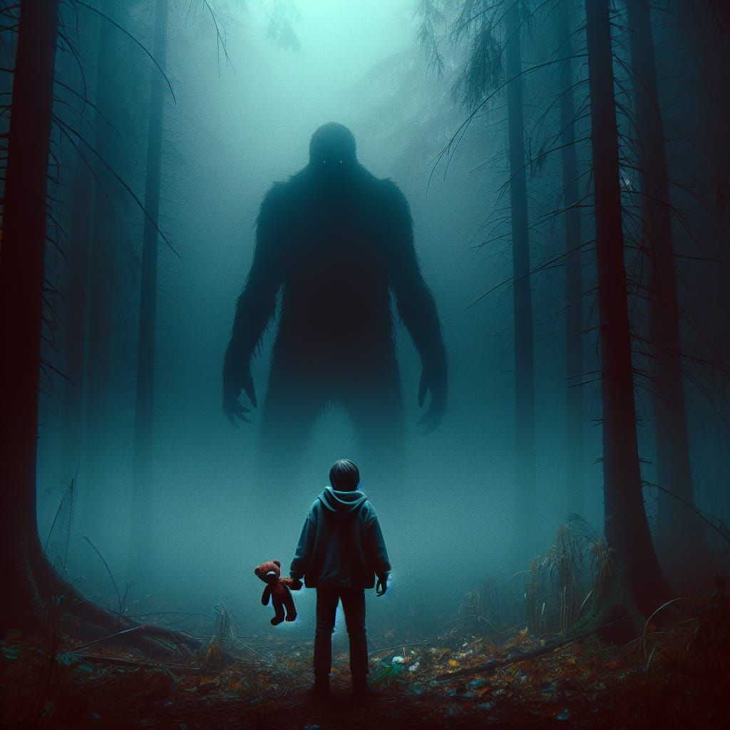 Figure Confronts Towering Shadow in Misty Forest