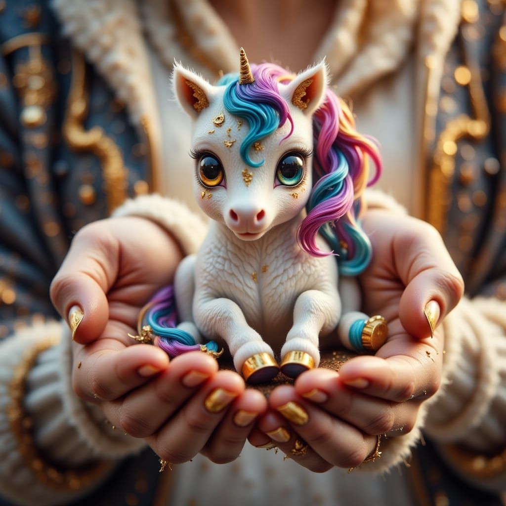 Hyperrealistic Mini Unicorn in Gentle Hand