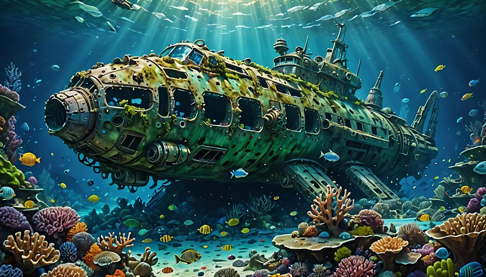 Underwater Spaceship Wreck Coral Reef Painting