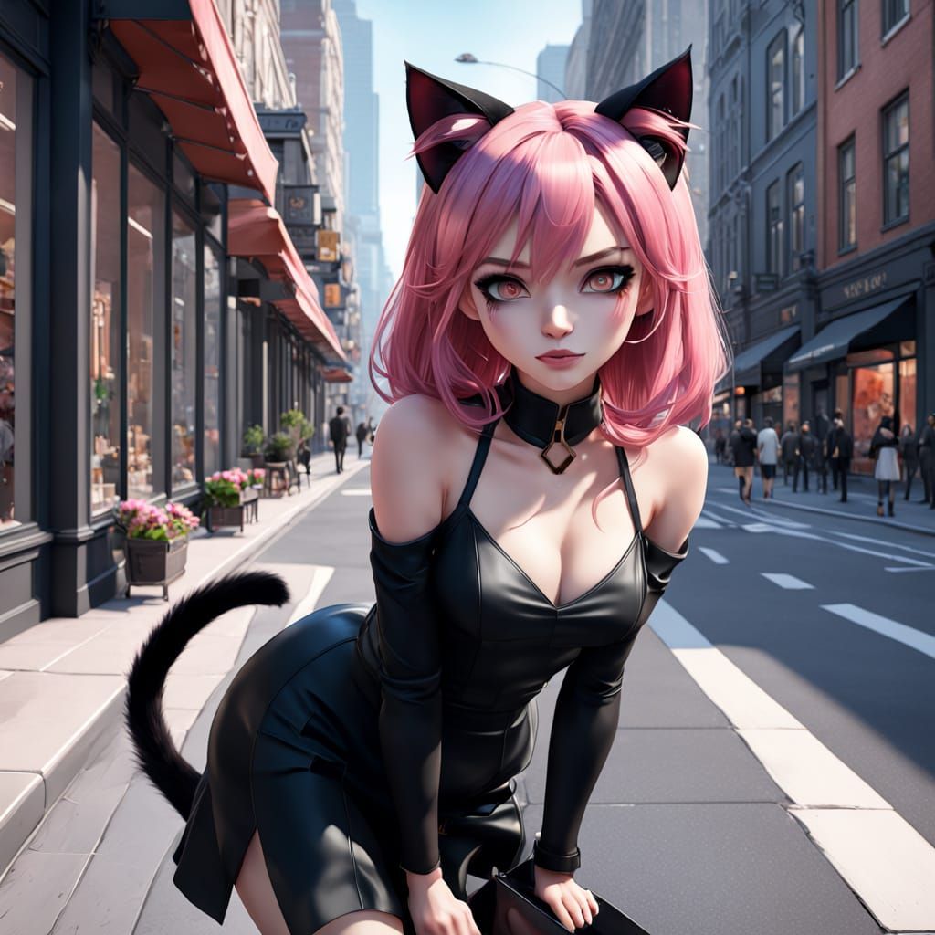 Surreal City Catgirl in 3D Anime Style