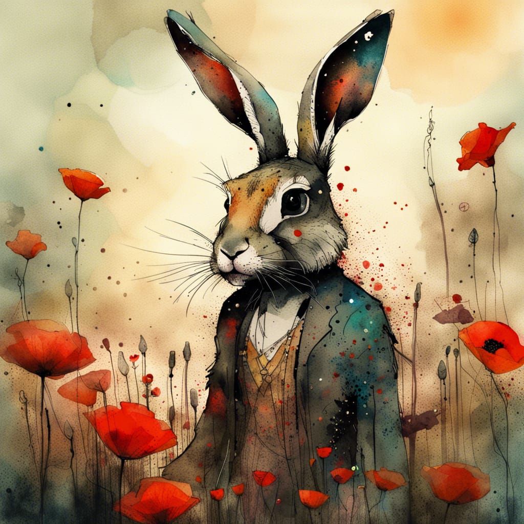 Hare in Poppies Watercolor Art