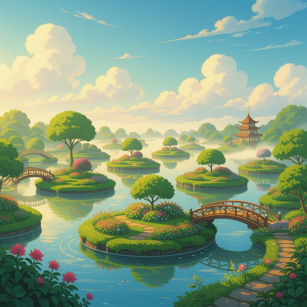 Floating Gardens in Golden Light, Whimsical & Futuristic Sty...