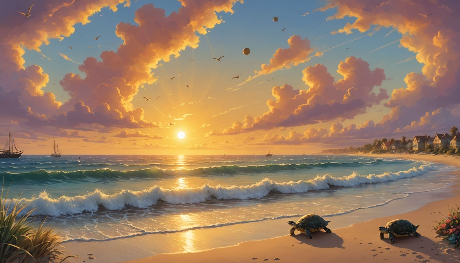 Sunset Beach Volleyball with Turtles in Ethereal Style