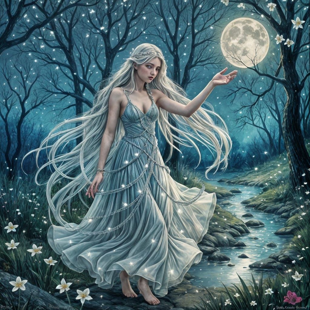 Ethereal Princess Dances Under Starlight in Whimsical Forest...