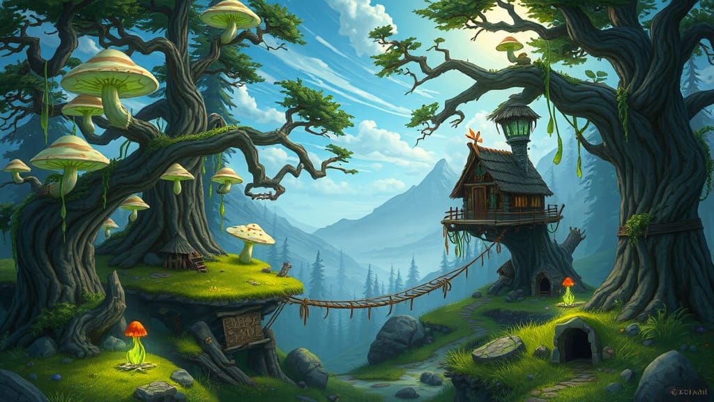 Whimsical Fantasy World with Gnarled Trees and Glowing Mushr...