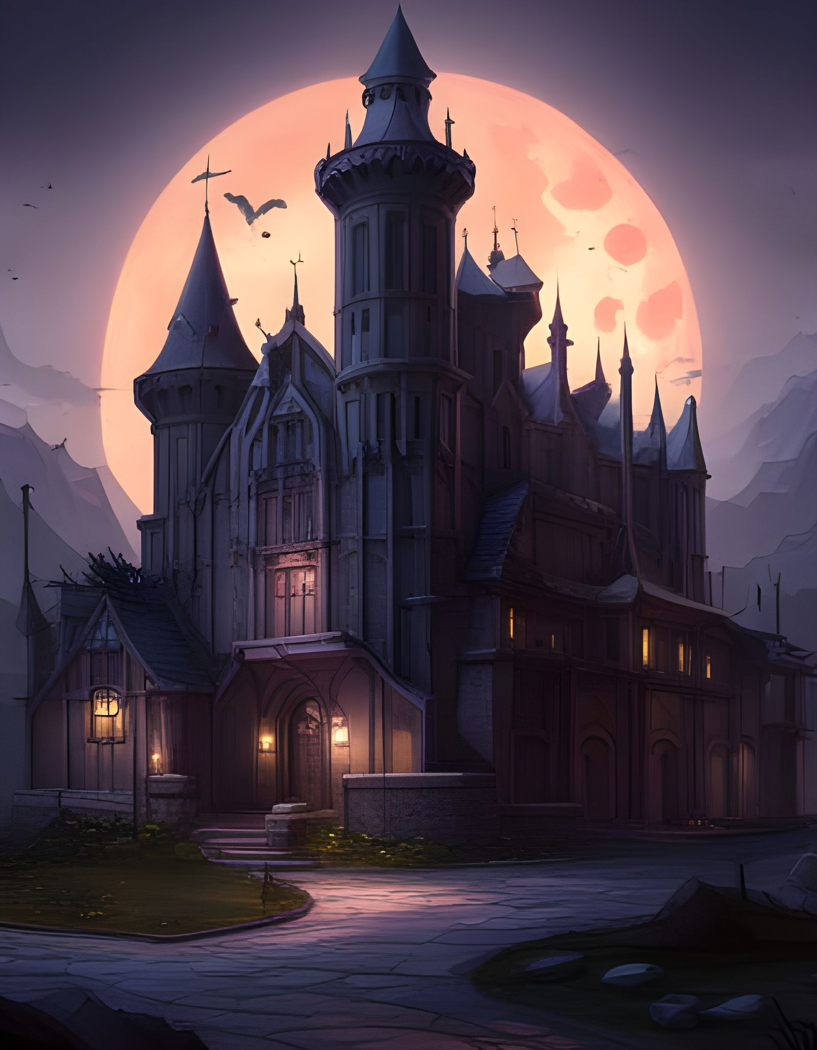Dramatic Haunted Castle in Polychromatic Digital Art