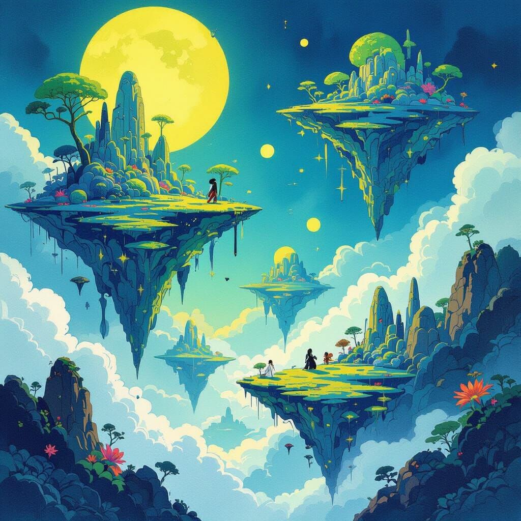 Fantastical Floating Islands Ink Painting in Anime Style