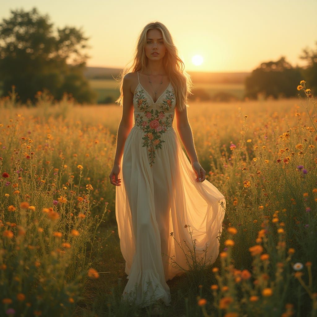 Bohemian Goddess in Meadow, Art Nouveau Style