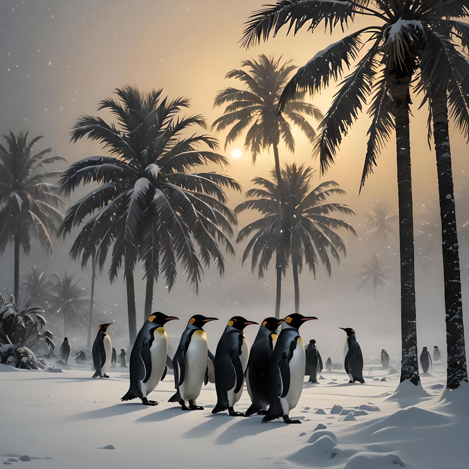 Surreal Arctic Scene: Palm Tree with Penguins
