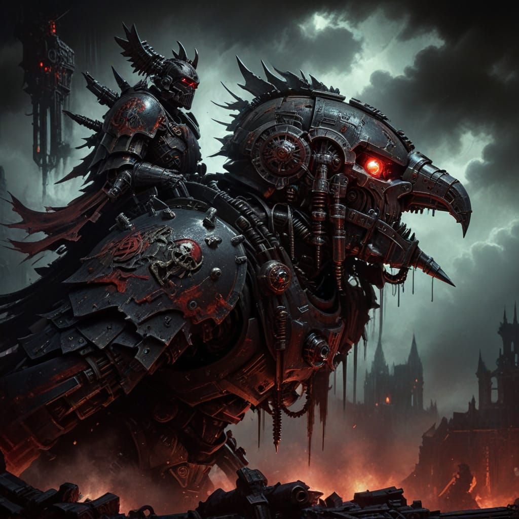 Grimdark Space Marine in Gothic Cathedral, Oil Painting