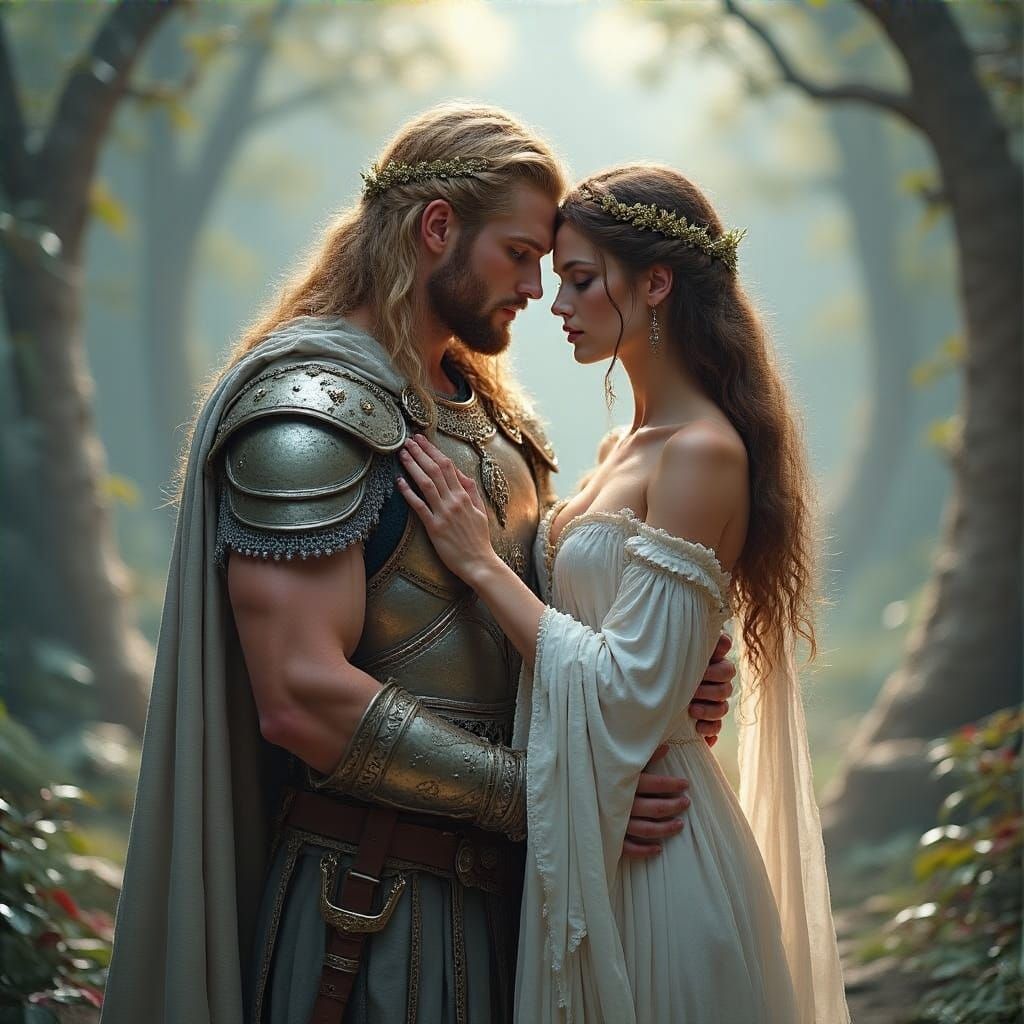 Golden Sigfrido and Brunilde in Silver Armor and White Robes...