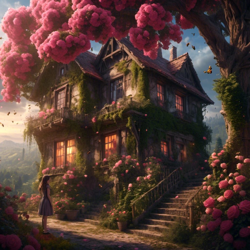 Rose-Covered Cottage in Forest: Digital Matte Painting