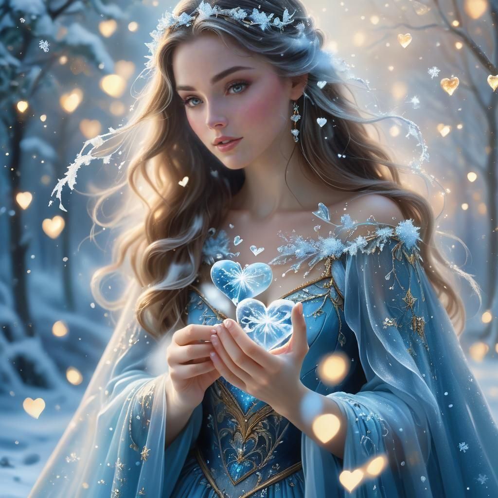 Ethereal Woman Creates Ice Hearts in Fantasy Style