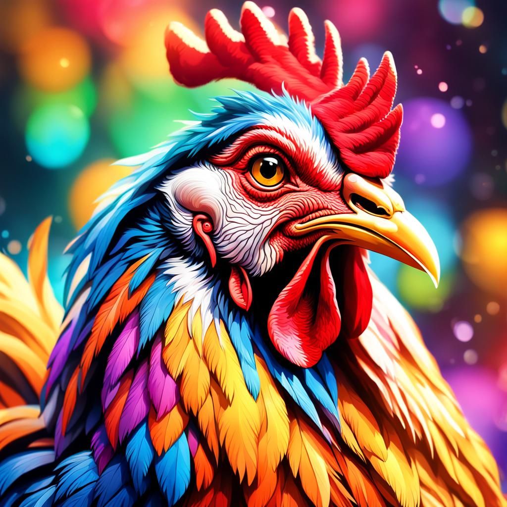 Mustachioed Chicken in Hyperrealistic Splash Art Style
