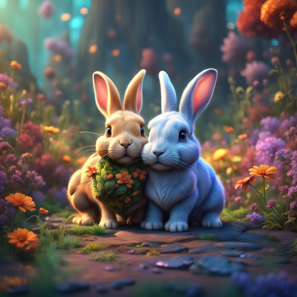Two Cute Bunnies with Multicolored Background