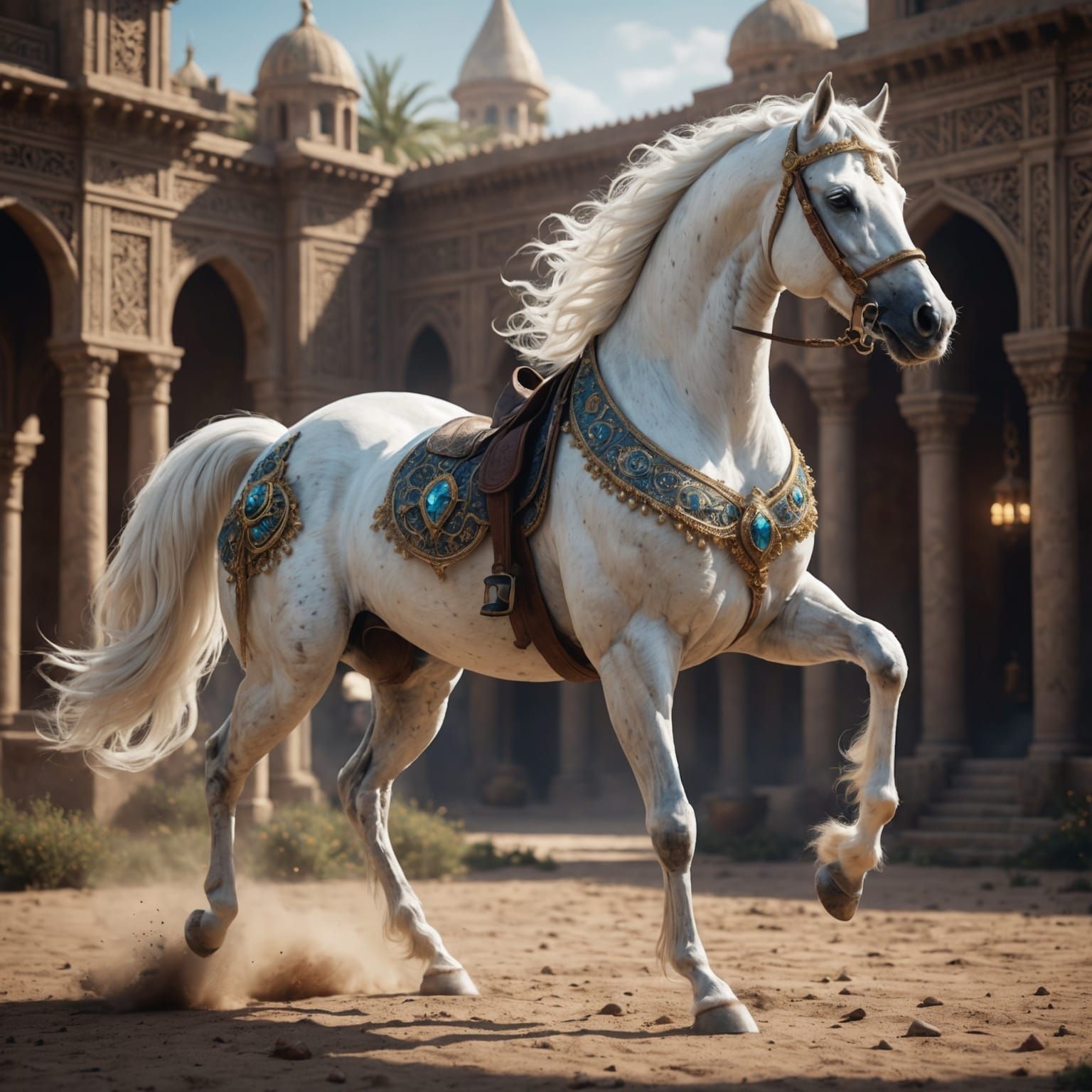 White Pearl Arabian Stallion in Detailed Digital Painting