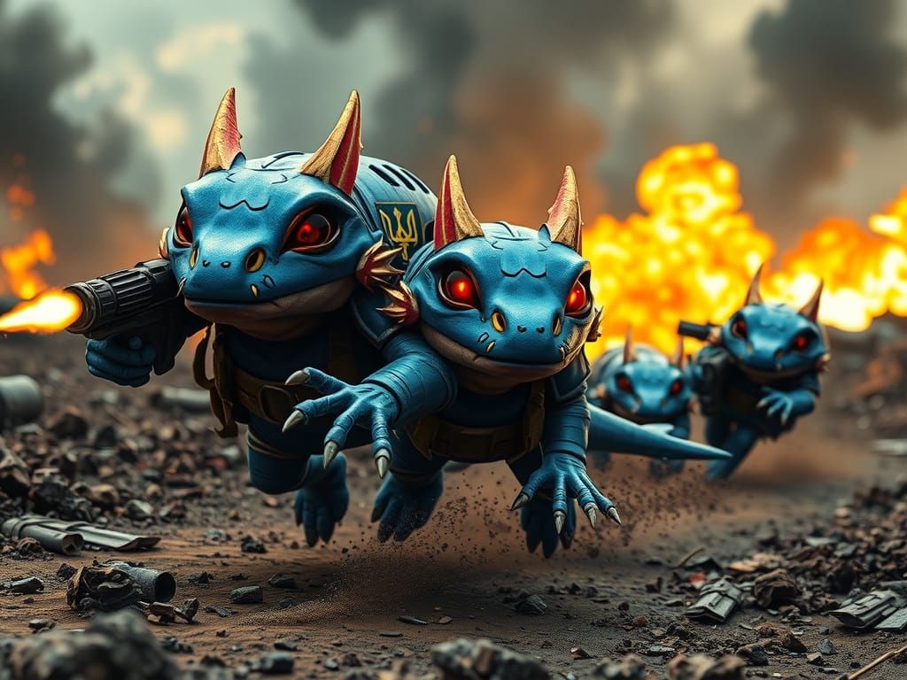 Axolotls in Royal Blue Armor Charge Across a War-Torn Battle...