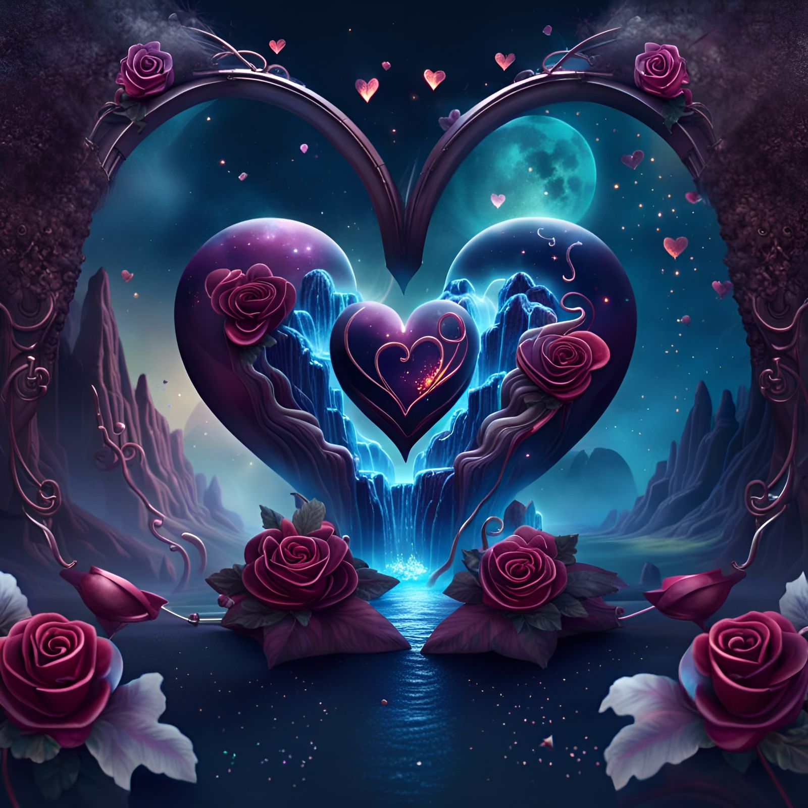 Romantic Hearts and Roses Waterfall in 3D
