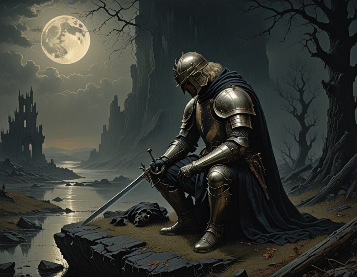 Noble Knight in Contemplative Prayer Amidst a Haunting Battl...