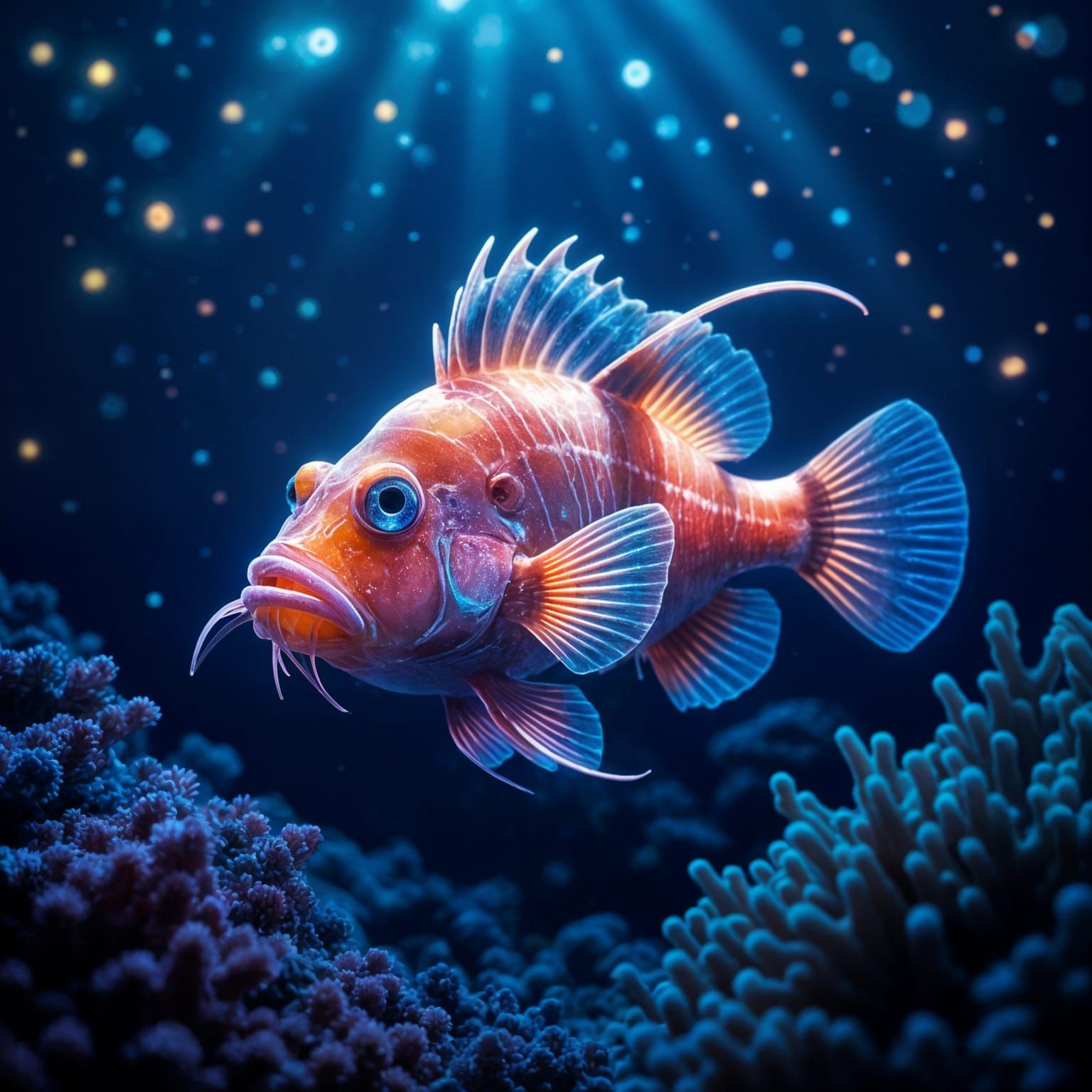 Neon Bioluminescent Angler Fish in Deep Ocean