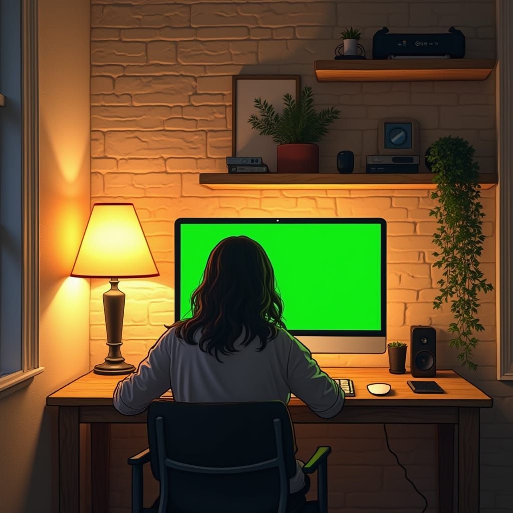Cozy Home Office with Green Screen in Rustic Style
