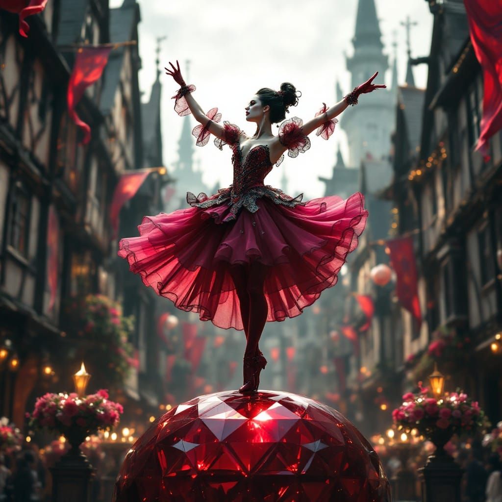 Ethereal Jester on Ruby Glass Orb in Whimsical Medieval Sett...