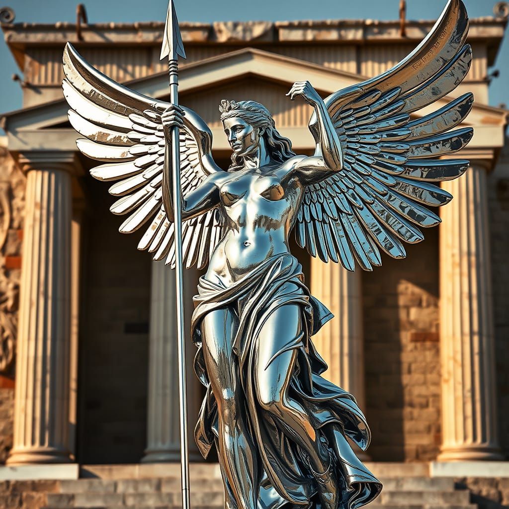 Chrome Nike Statue in Ancient Greek Style